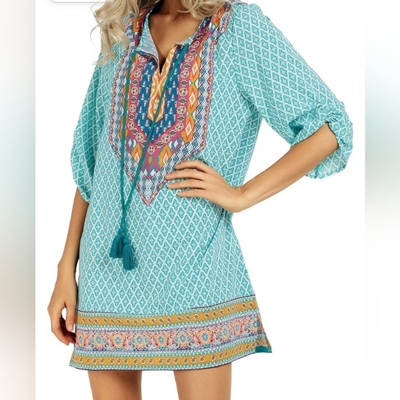 Urban Coco | Classic Bohemian Turquoise Print Dress - Picture 2 of 10